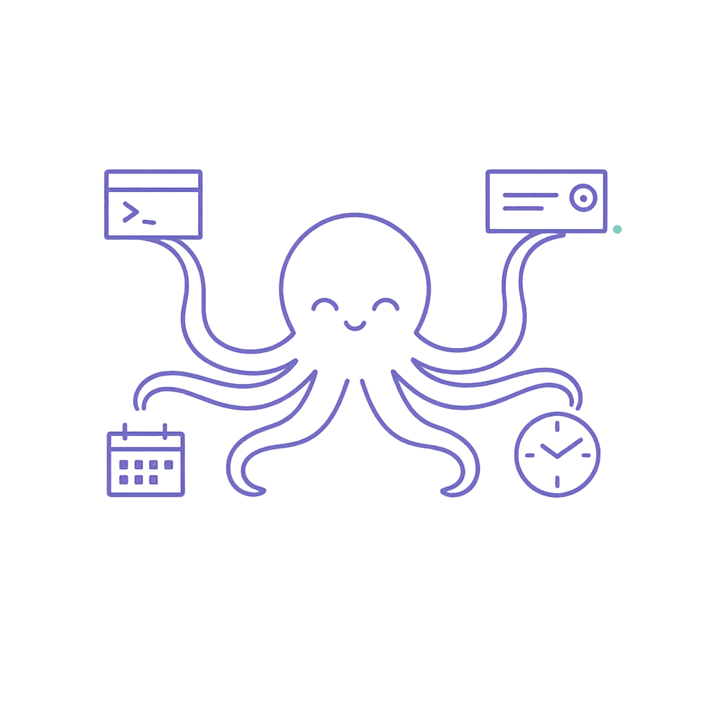OctoSpark octopus mascot reaching toward a terminal, an X post, a calendar, and a clock