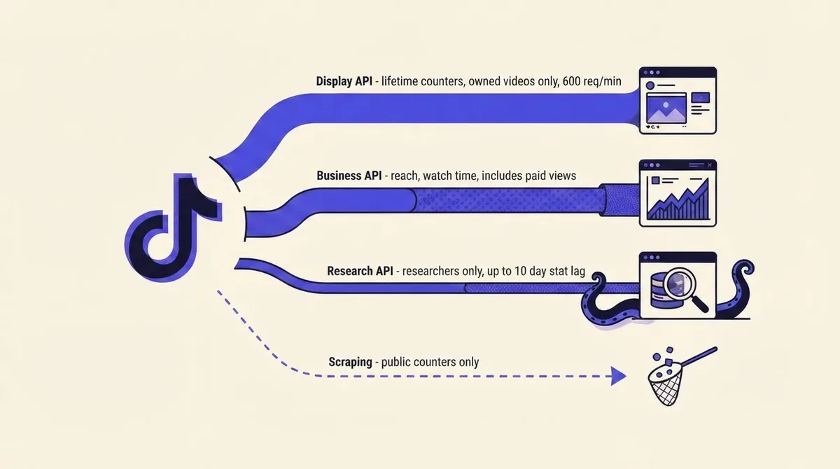 Diagram of four TikTok data pipes feeding analytics tools, with different field coverage and rate limits