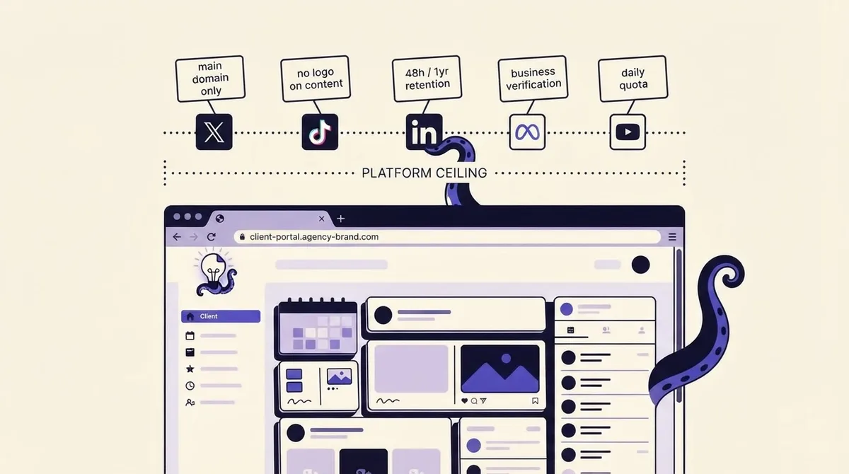Diagram of a branded client dashboard with a dotted platform ceiling above it, showing per-network constraints for X, TikTok, LinkedIn, Meta and YouTube
