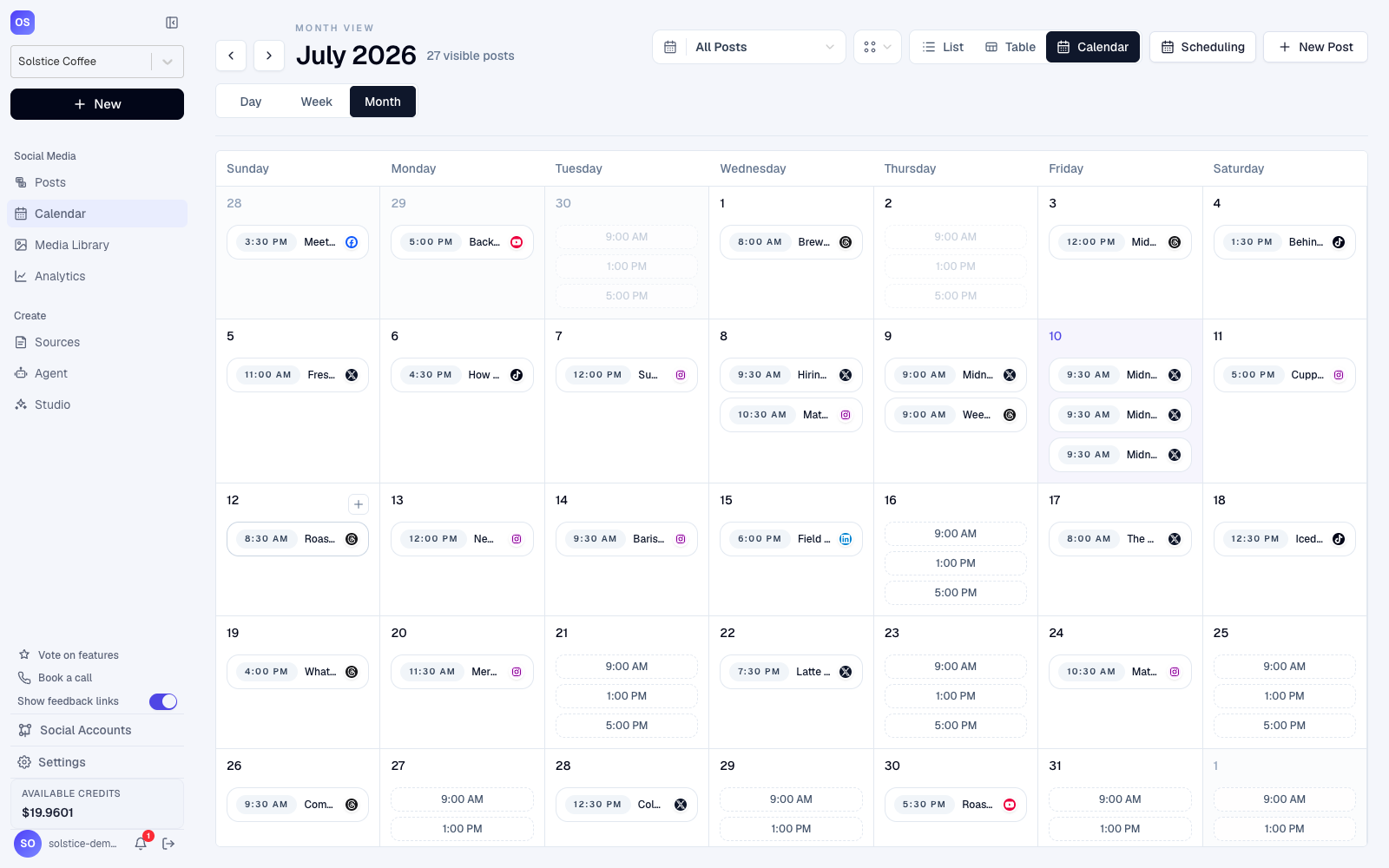 OctoSpark month calendar filled with multi-platform posts