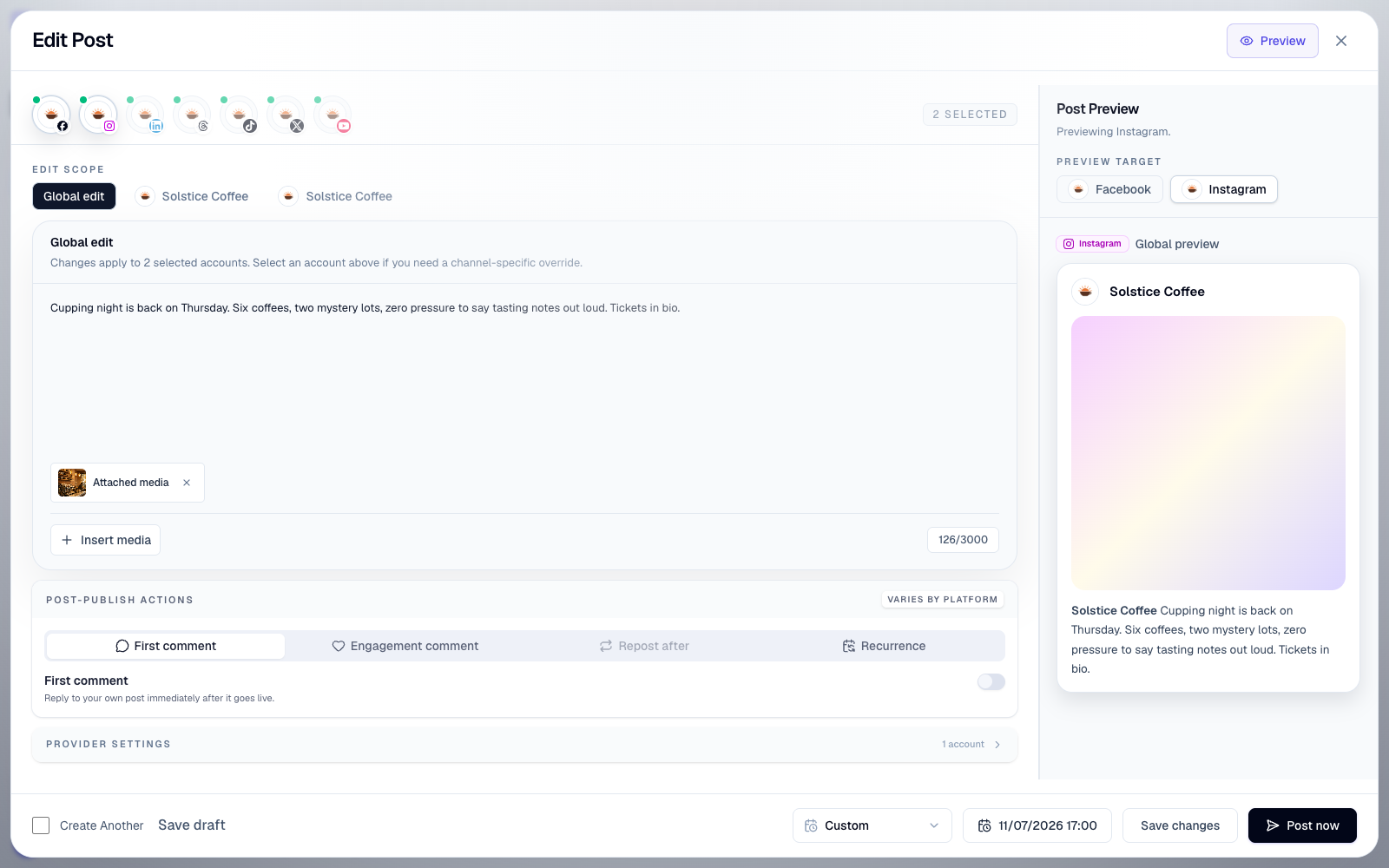 OctoSpark composer editing a post across selected channels