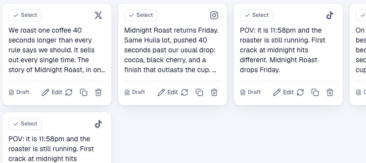 Agent workspace drafting a launch set