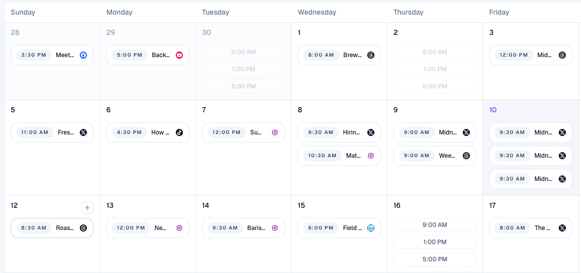Content calendar with posts across seven platforms